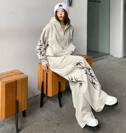 Thorn Print Zipper Hoodie & Thorn Print Wide Leg Sweatpants Setup WN25656