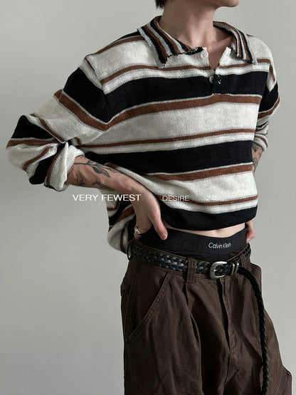 Stripe Polo Collar Long Sleeve Knit Sweater WN8919