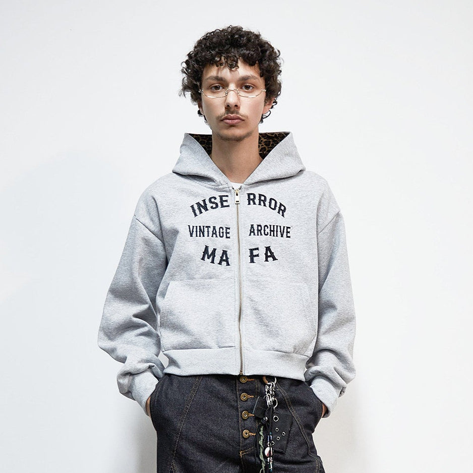 Embroidery Leopard Print Letter Print Short Zipper Hoodie WN22923