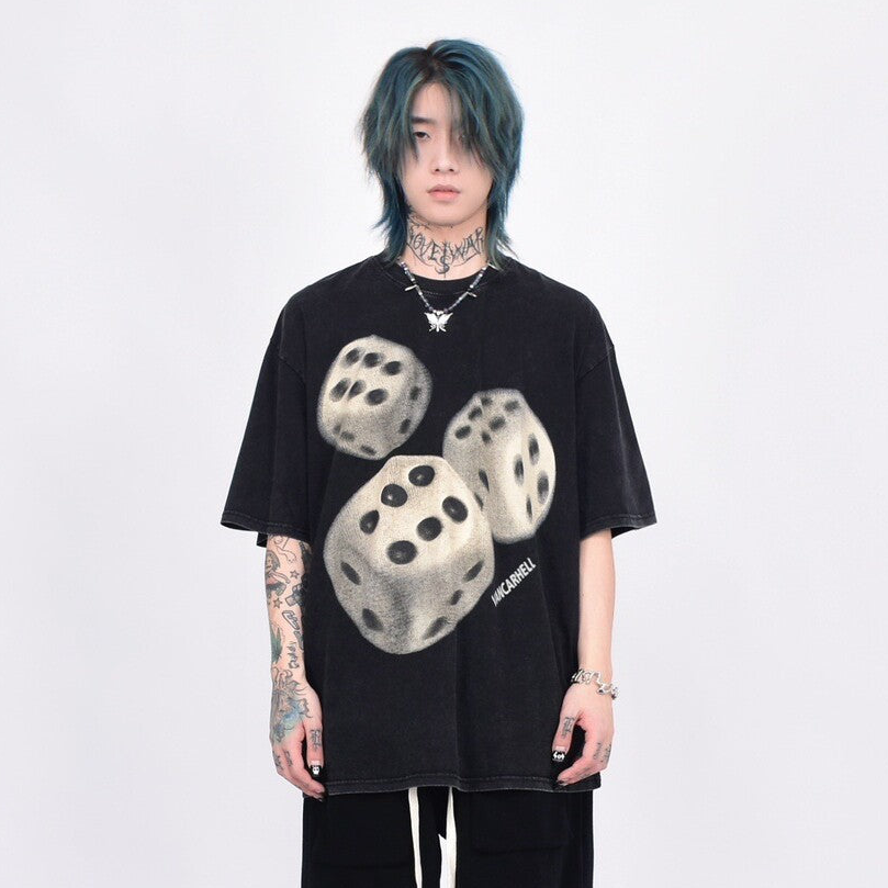 Dice Print Washed Oversize Short Sleeve T-Shirt WN24461