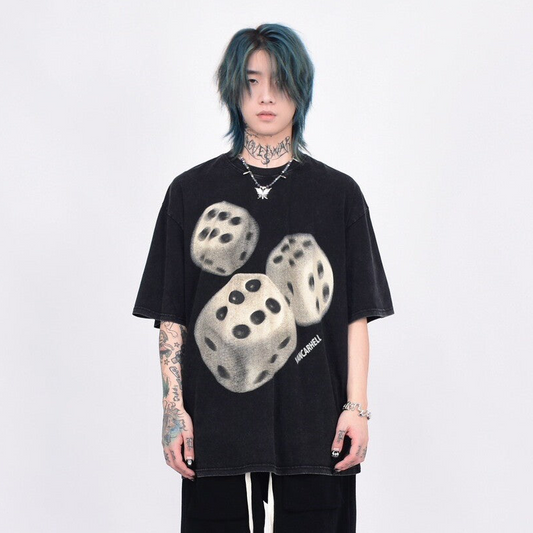 Dice Print Washed Oversize Short Sleeve T-Shirt WN24461