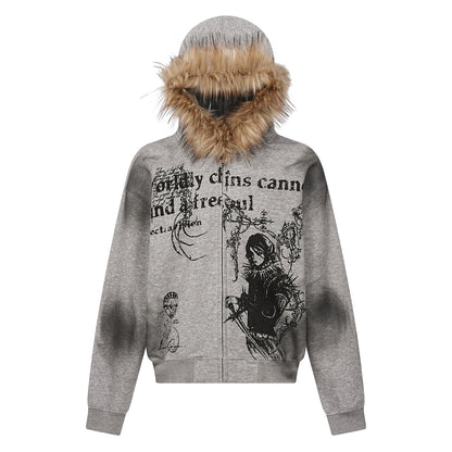 Fake Fur Collar Print Zipper Hoodie WN10999