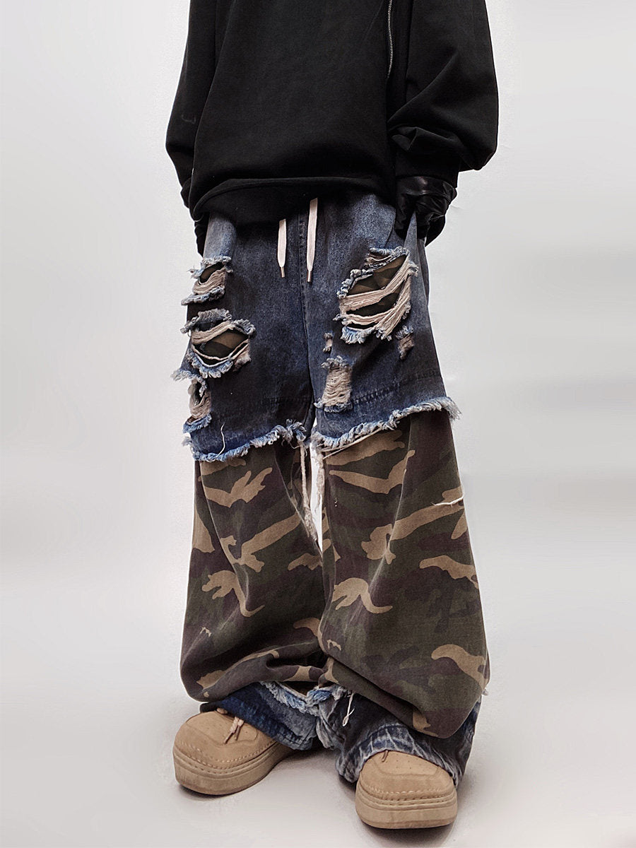 Camouflage Ripped Wide Leg Denim Jeans WN23993