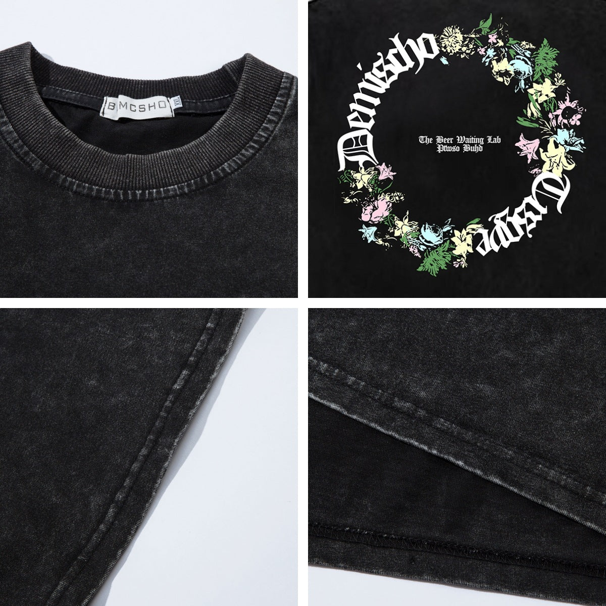 Washed Gothic Letter Floral Wreath Print Short Sleeve T-Shirt WN26844