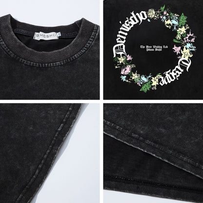 Washed Gothic Letter Floral Wreath Print Short Sleeve T-Shirt WN26844