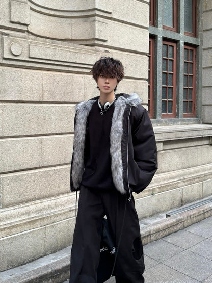 Fake Fur Collar Hooded Drawstring Short Padded Jacket WN23160