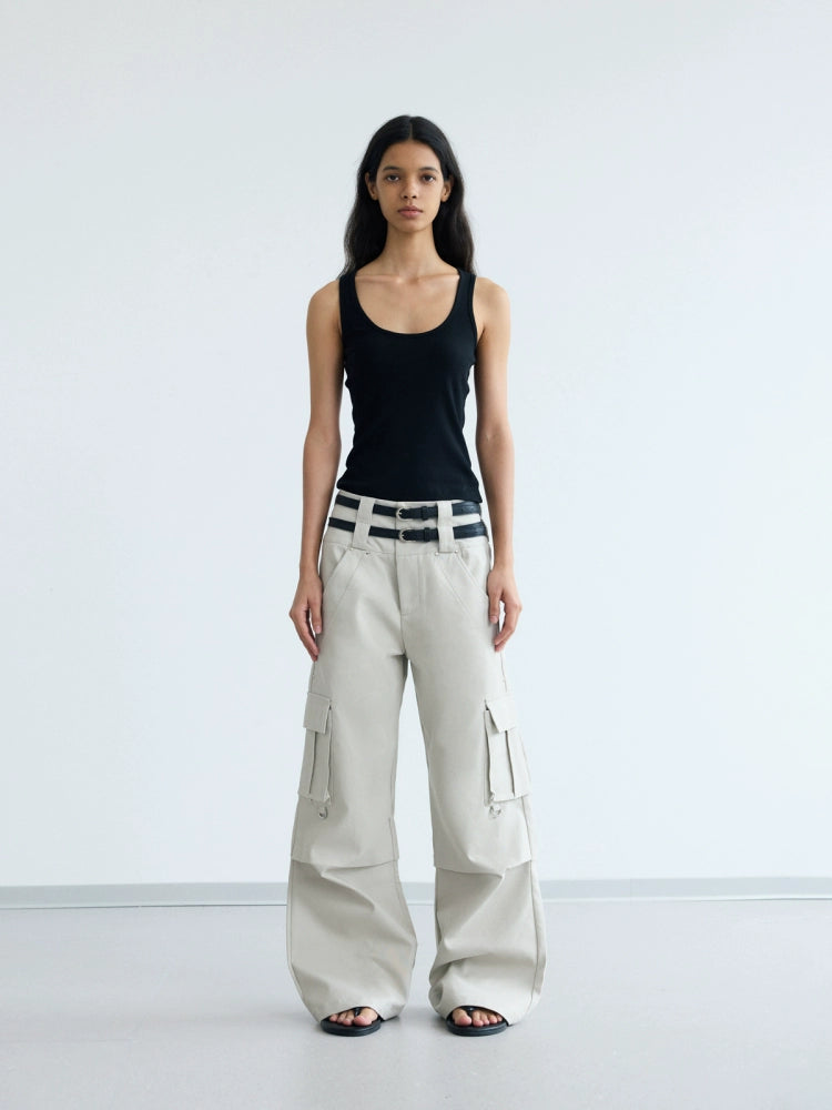 Double Waistband Multi-Pocket Wide Leg Cargo Pants WN18247