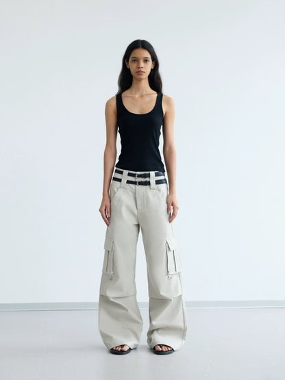 Double Waistband Multi-Pocket Wide Leg Cargo Pants WN18247