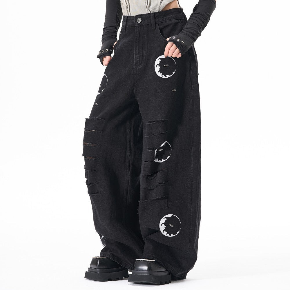 Ripped Circle Print Wide Leg Denim Jeans WN27892