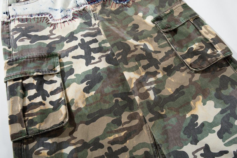 Denim Camouflage Patchwork Multi-Pocket Wide Leg Cargo Pants WN27858