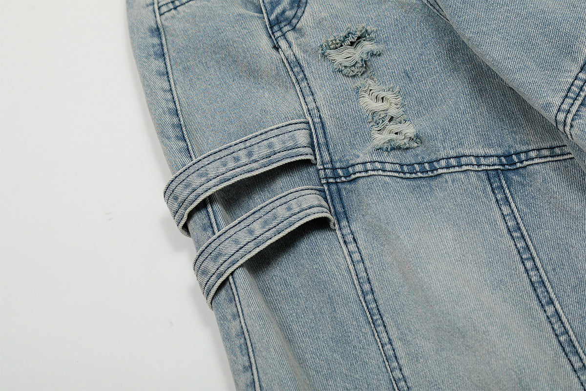 Washed Curved Multi Pocket Wide Leg Cargo Denim Jeans WN25736