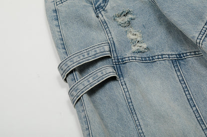 Washed Curved Multi Pocket Wide Leg Cargo Denim Jeans WN25736