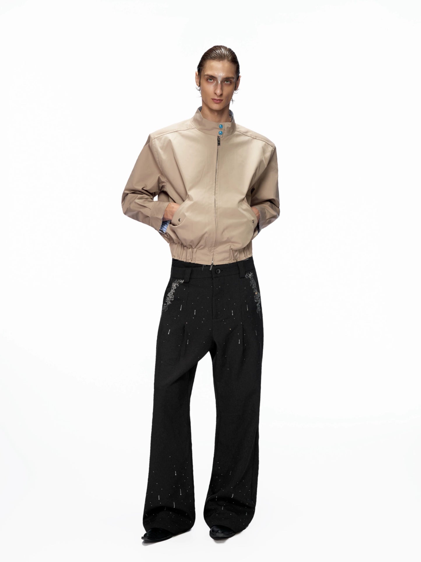 Striped Patchwork Standing-Collar Short Jacket WN20520