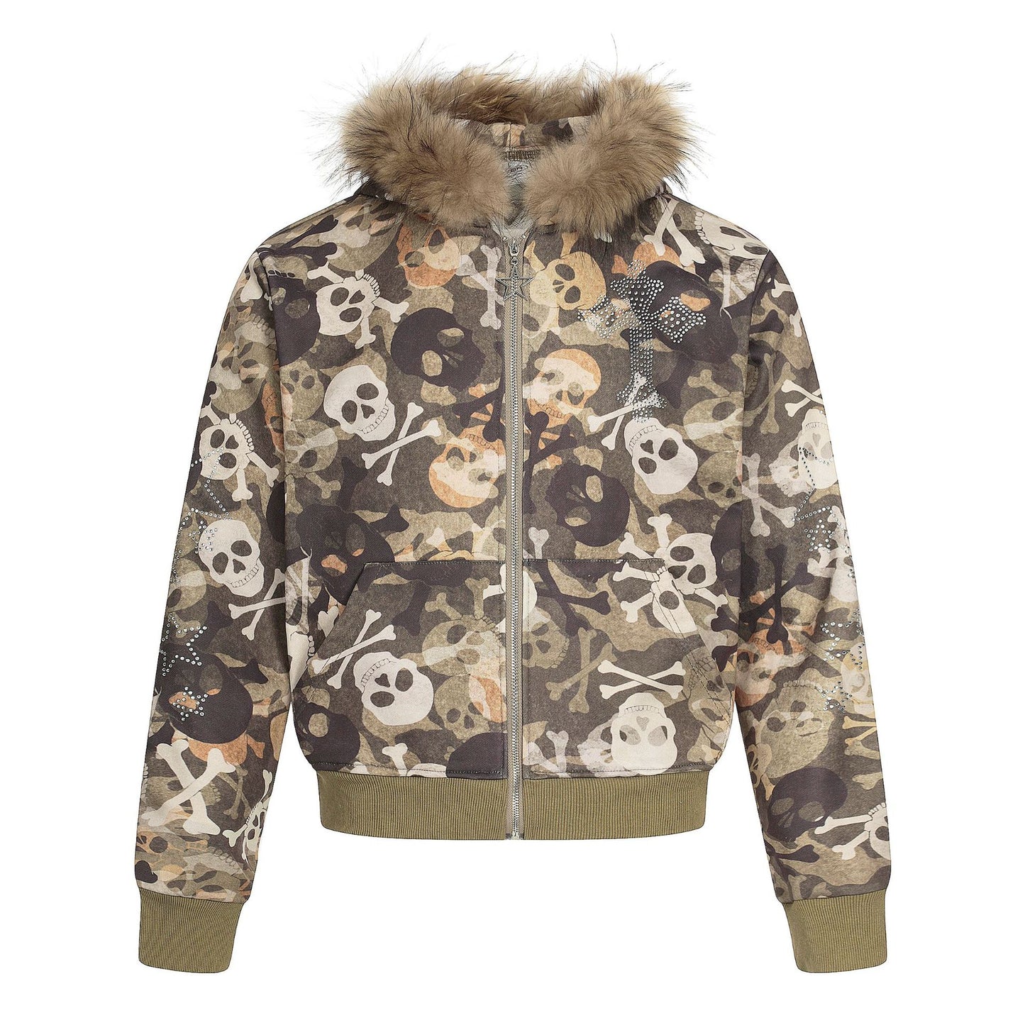 Fake Fur Collar Camouflage Print Rhinestone Zipper Hoodie WN21915