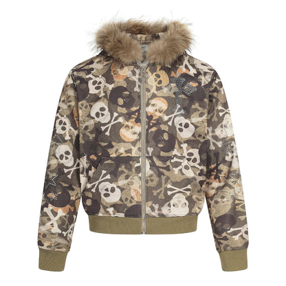 Fake Fur Collar Camouflage Print Rhinestone Zipper Hoodie WN21915