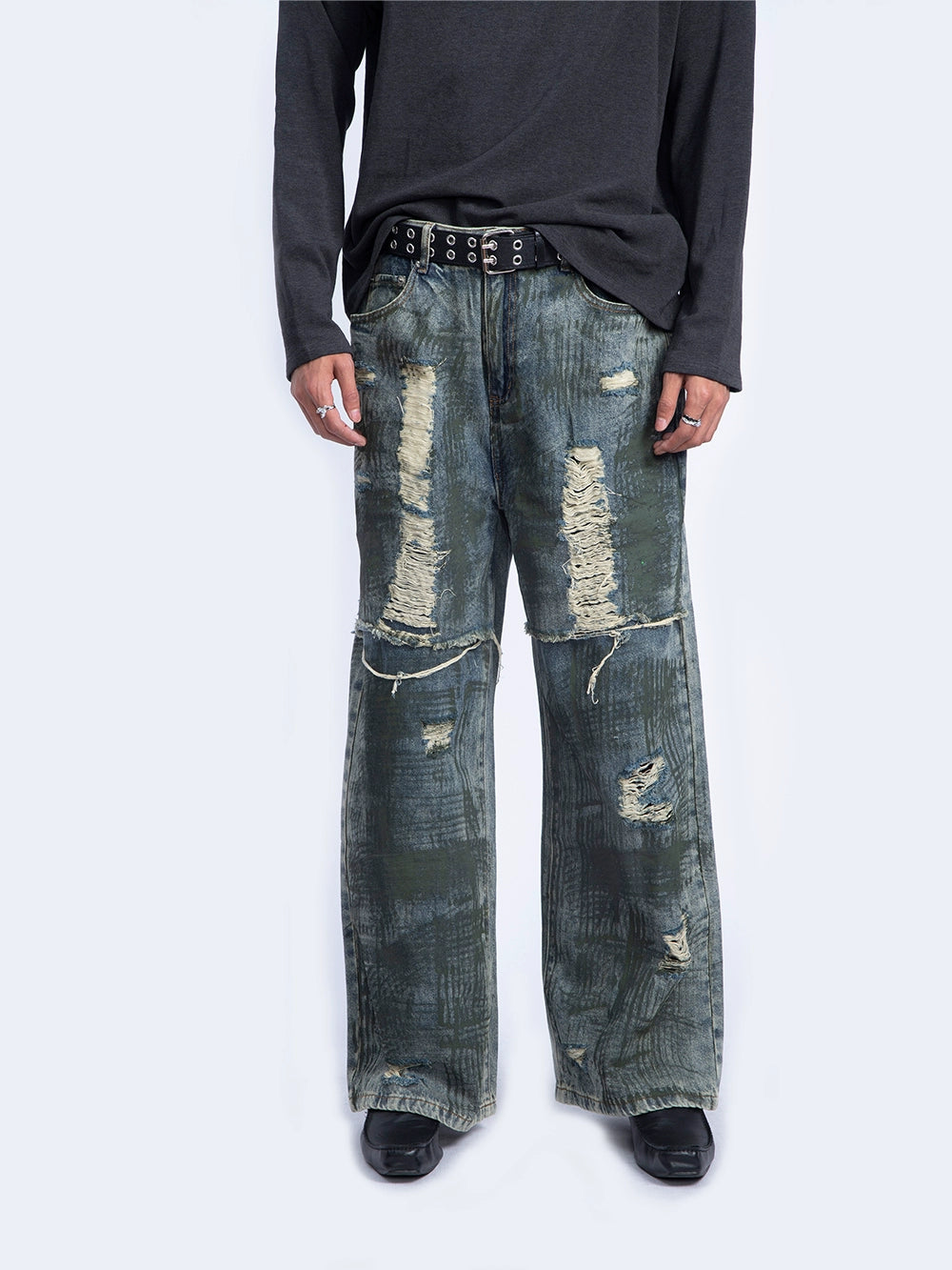 Damage Wide-Leg Straight Denim Jeans WN9236