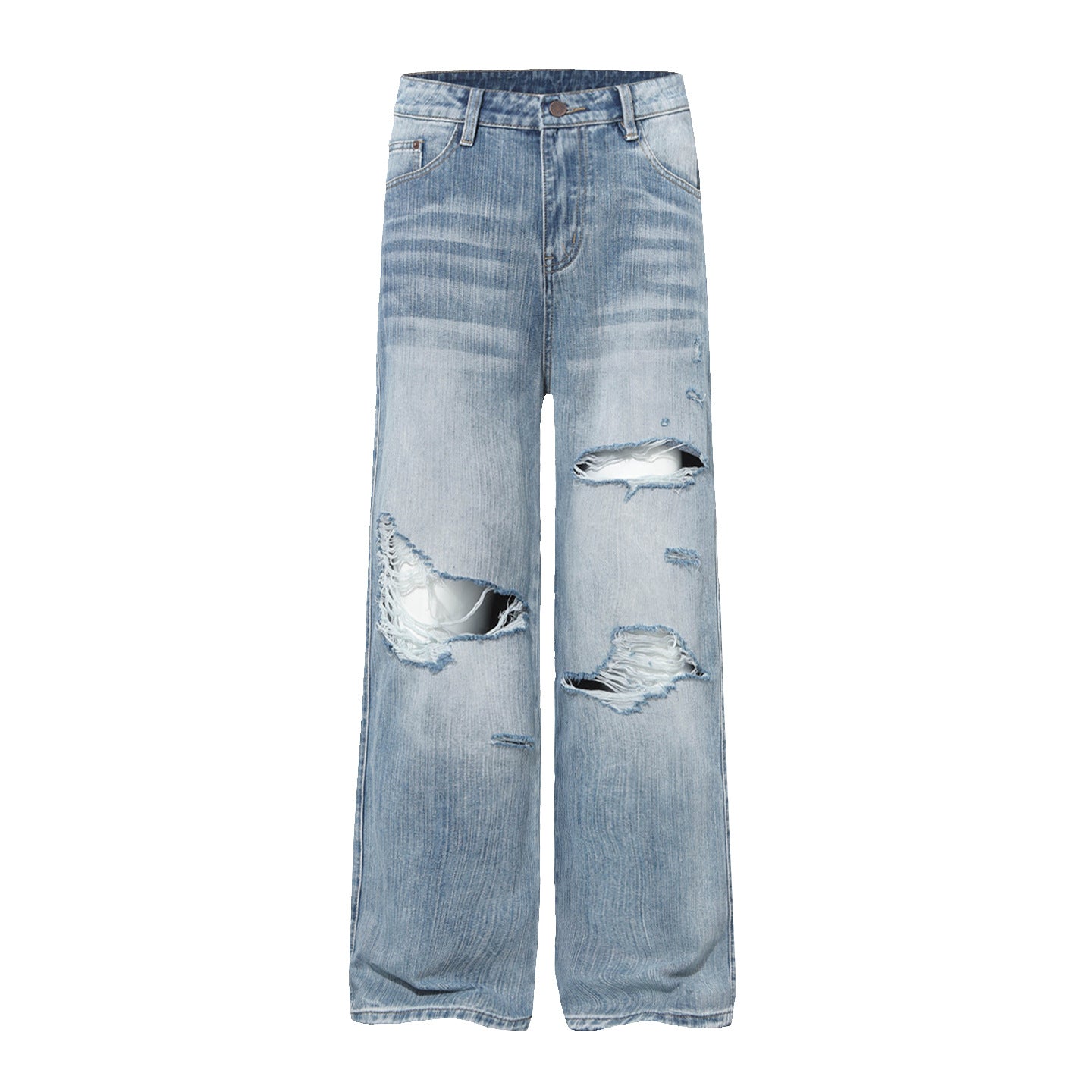 Damage Whisker Washed Wide Leg Denim Jeans WN25948