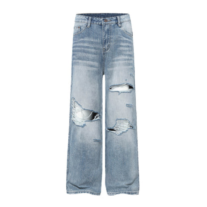 Damage Whisker Washed Wide Leg Denim Jeans WN25948