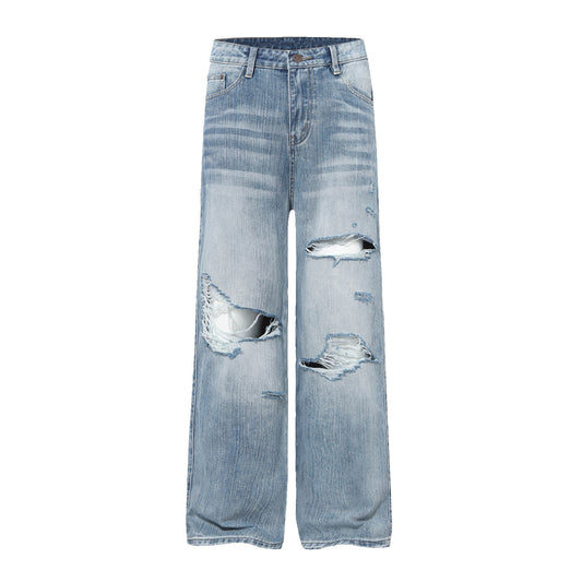 Damage Whisker Washed Wide Leg Denim Jeans WN25948
