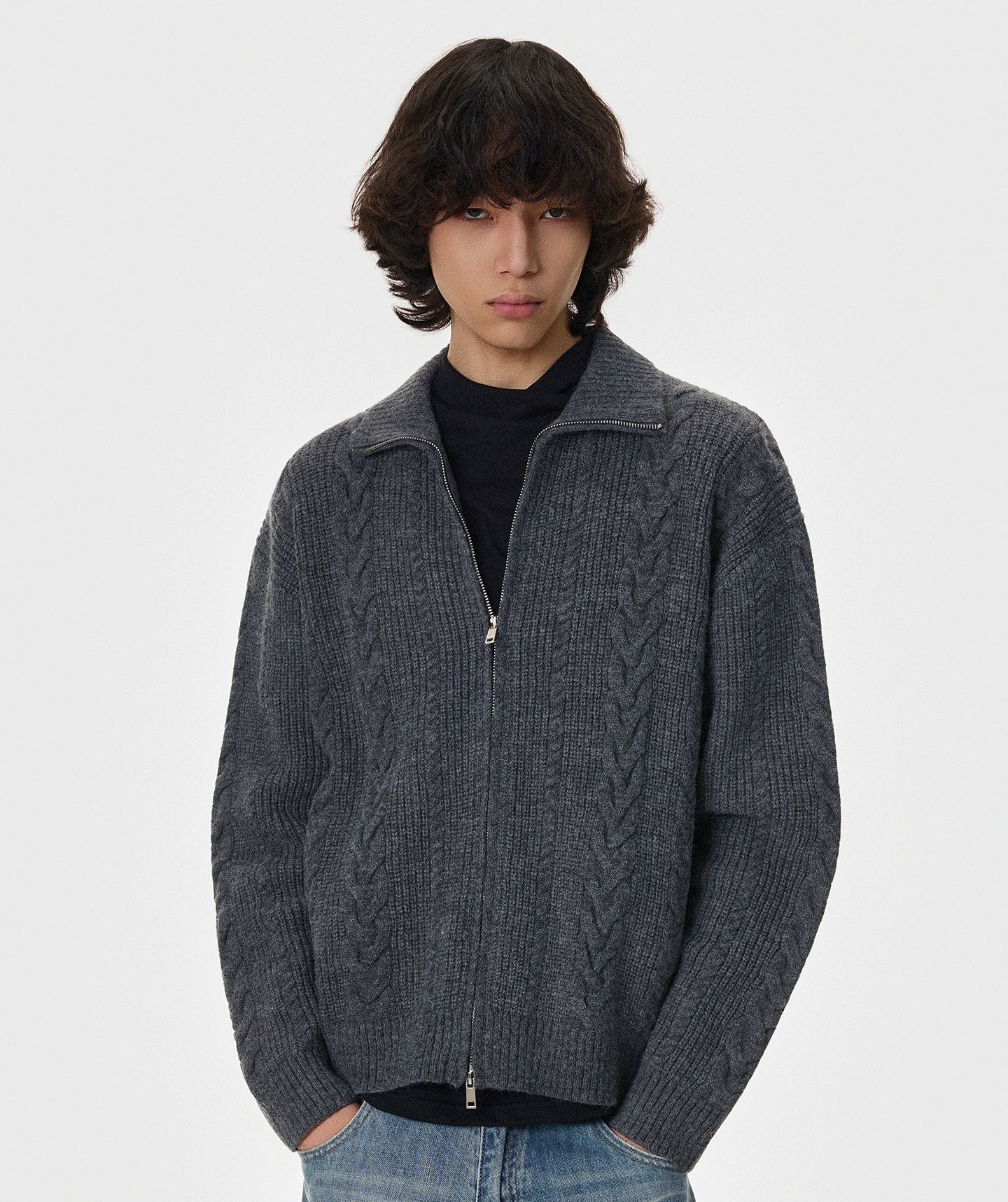 Herringbone Polo-Collar Thick Knit Cardigan WN21403