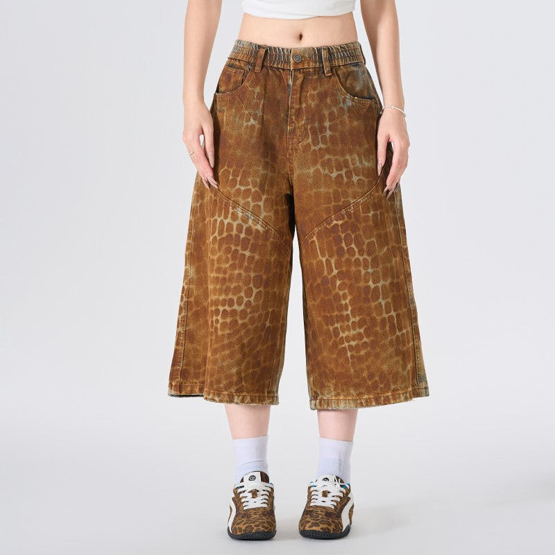 Reptile Print Wide Leg Denim Half Jeans WN28029