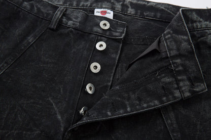 Washed Crinkle Button Fly Wide Leg Denim Jeans WN26144