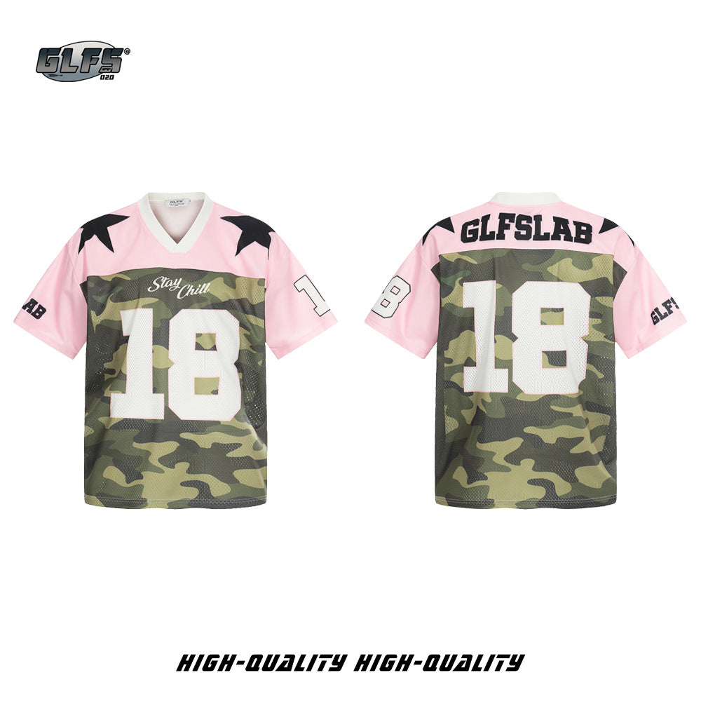 Sporty Pink Camo Star V-Neck Short Sleeve T-Shirt WN26507