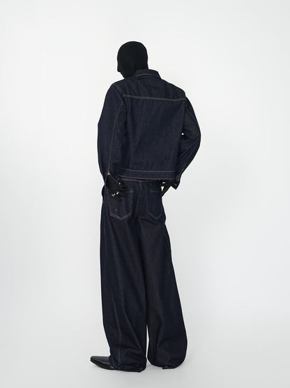 Contrast Stitch Short Jacket & Wide Leg Denim Jeans Setup WN24140