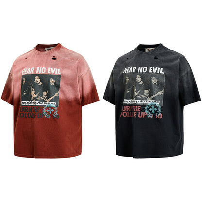 Washed Damage Portrait Print Short Sleeve T-Shirt WN25489