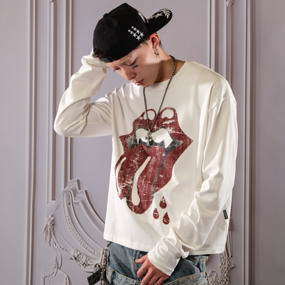 Lip Crack Letter Print Long Sleeve T-Shirt WN26647