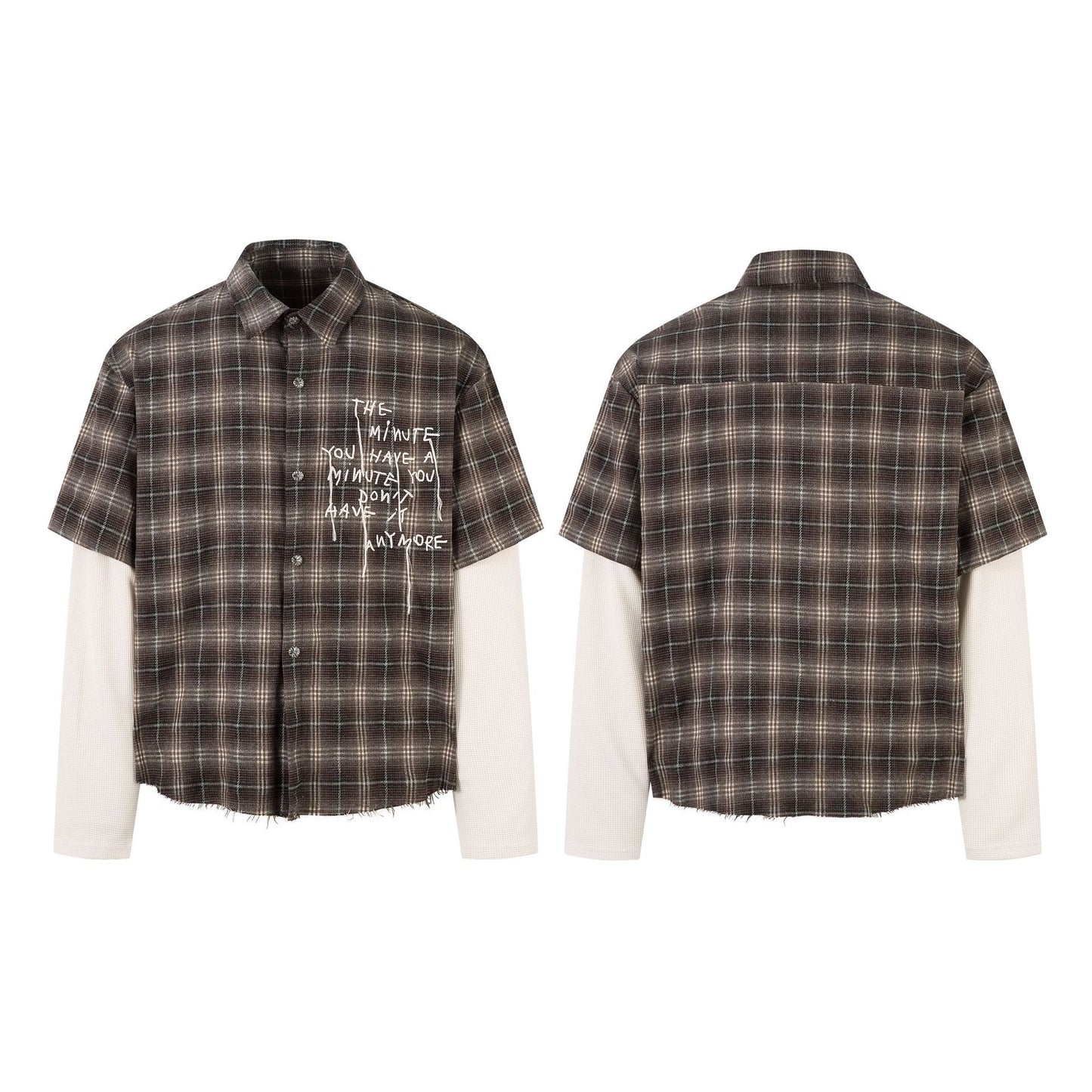 Plaid Letter Embroidery Fake Layered Long Sleeve Shirt WN25856