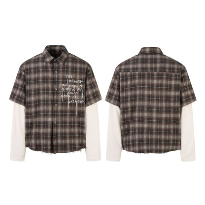 Plaid Letter Embroidery Fake Layered Long Sleeve Shirt WN25856