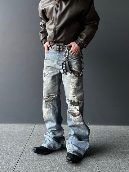 Damage Straight Denim Jeans WN10845