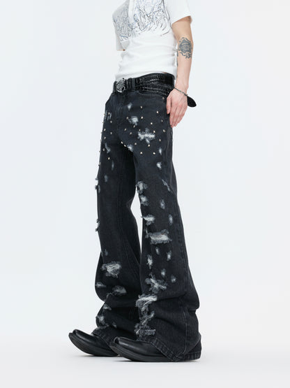 Stud Ripped Wide Leg Denim Jeans WN27007