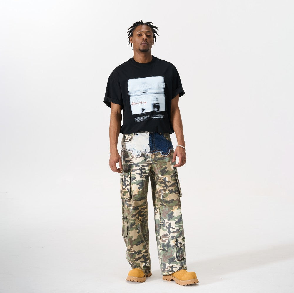 Denim Camouflage Patchwork Multi-Pocket Wide Leg Cargo Pants WN27858
