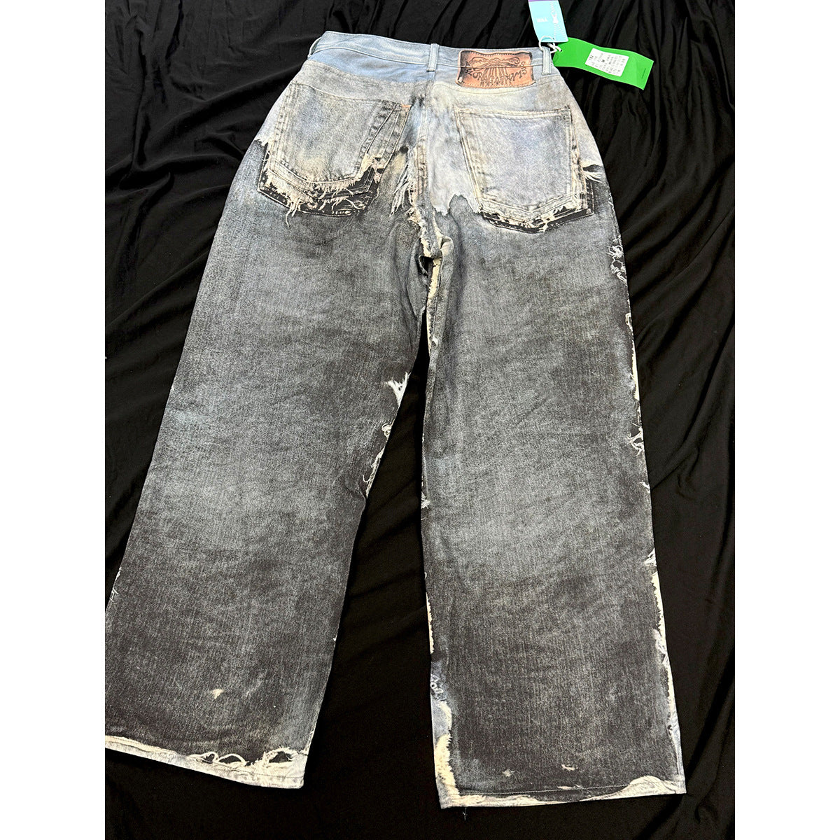 Distressed Frayed Mix Patchwork Wide Leg Denim Jeans WN23604