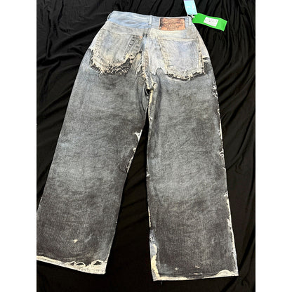Distressed Frayed Mix Patchwork Wide Leg Denim Jeans WN23604