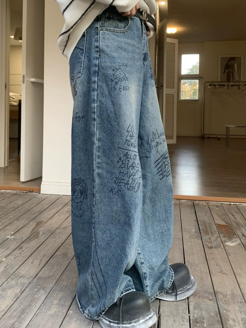Graffiti Design Washed Wide Leg Denim Jeans WN19851