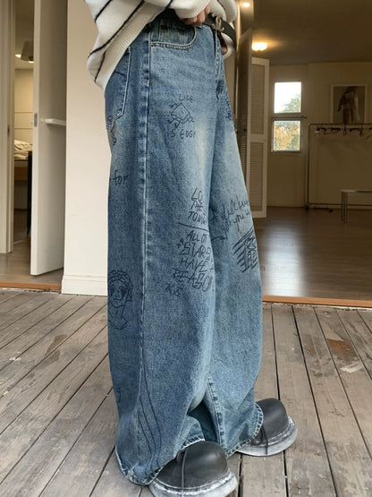 Graffiti Design Washed Wide Leg Denim Jeans WN19851