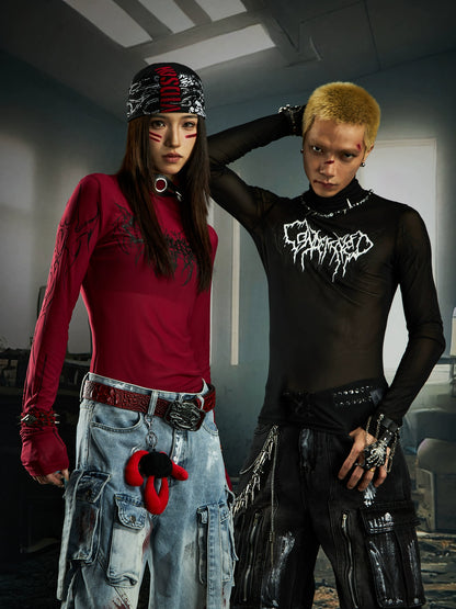 High Elastic Tight Gel Print High-Neck Long Sleeve T-Shirt WN20554