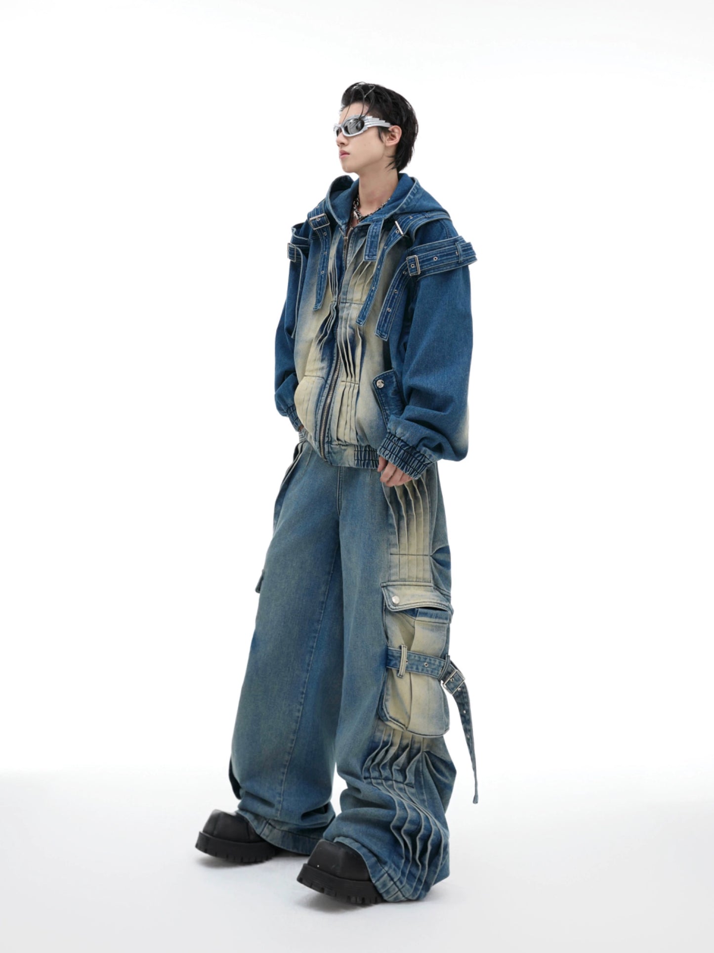 Heavyweight Zipper Denim Hooded Jacket & Wide Leg Denim Jeans Setup WN8685