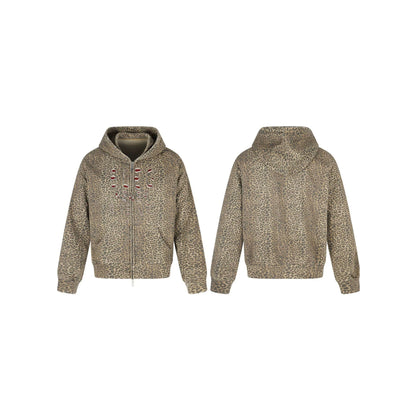 Leopard Cutout Damage Letter Zipper Hoodie WN28110