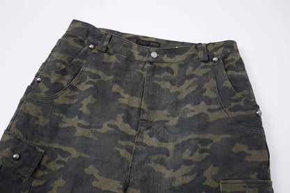 Camouflage Cargo Pocket Wide Leg Denim Jeans WN28009