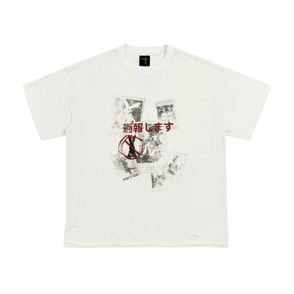 Washed Damage Design Graffiti Print Short SleeveT-Shirt WN18067