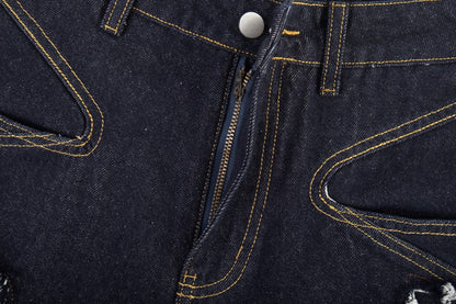 Damage Frayed Wide Leg Denim Jeans WN28017