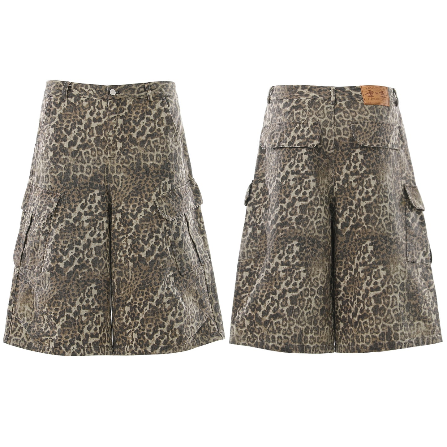 Leopard Print Multi-Pocket Wide Leg Half Pants WN25827