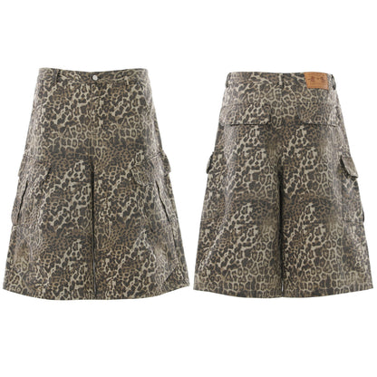 Leopard Print Multi-Pocket Wide Leg Half Pants WN25827