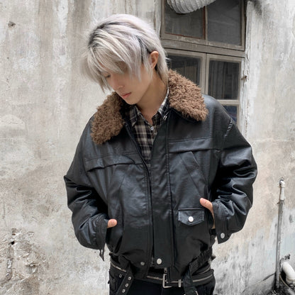 Fake Fur-Collar PU Leather Short Padded Jacket WN22205