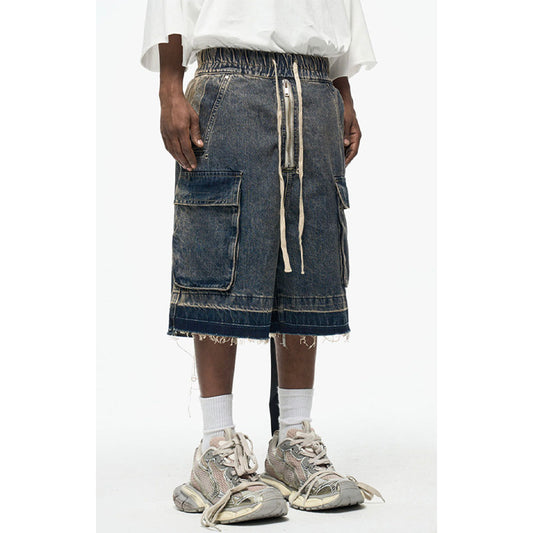 Zipper Drawstring Raw Edge Cargo Short Pants WN24337