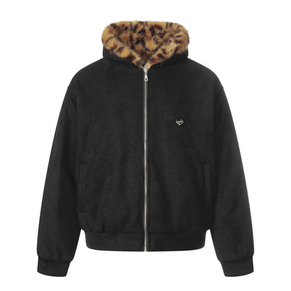 Leopard Fake Fur Hooded Zipper Jacket WN21867